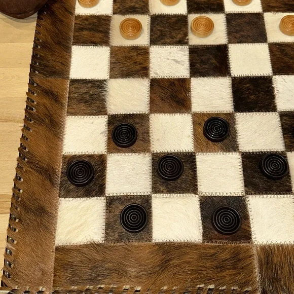 Handcrafted Cowhide Checkers Set - Brown and Black - Picture 5 of 10
